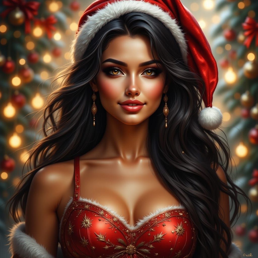 Beautiful Woman in Festive Santa Dress with Sparkling Eyes