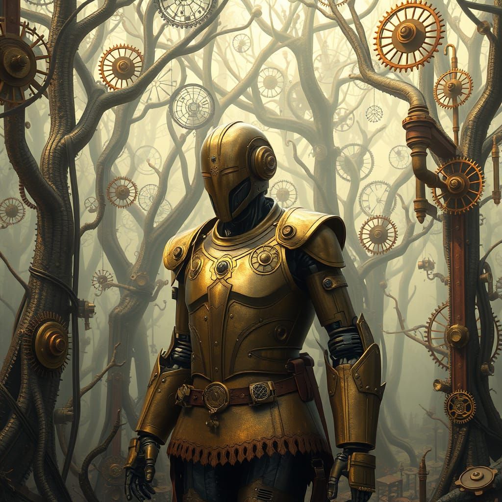 Robot Strolls Through Clockwork Steampunk Forest