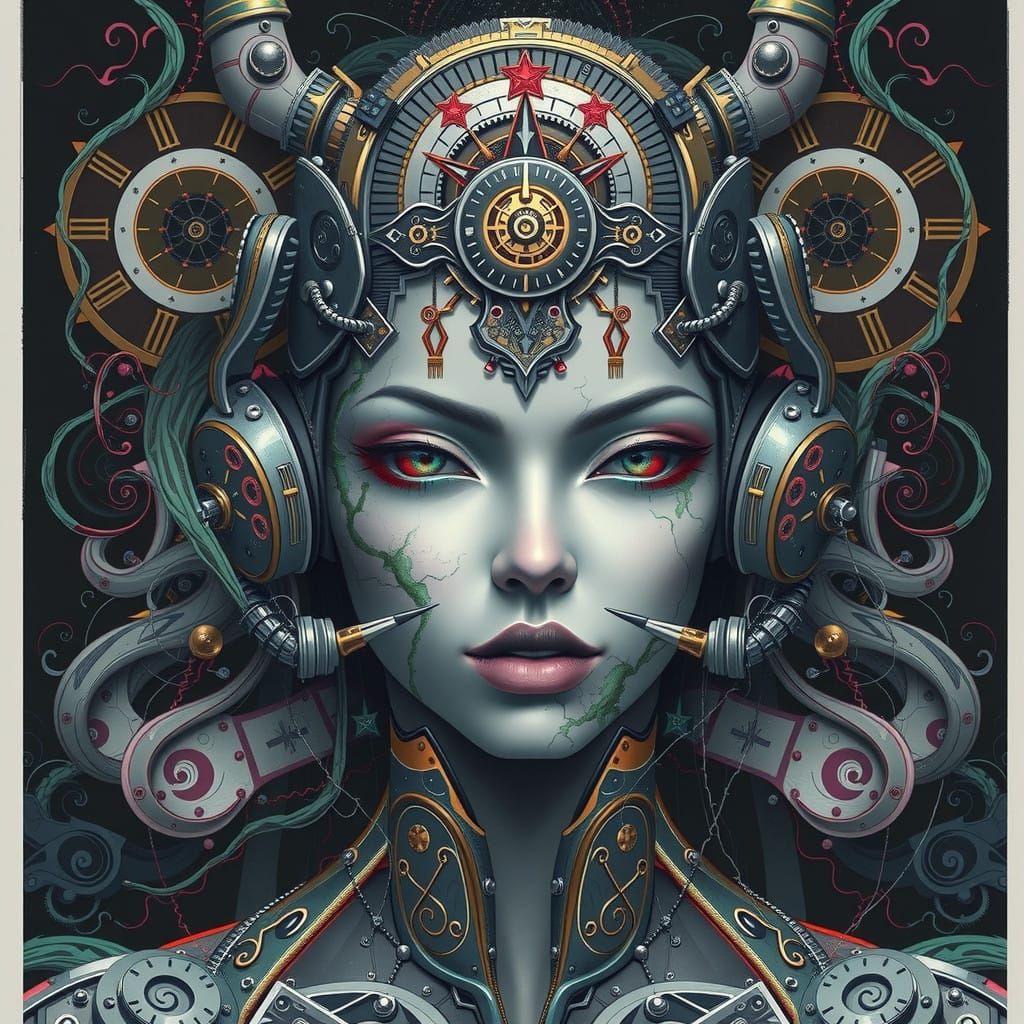 Dark Sorceress Gynoid Emerge from Misty Veil in Cyberpunk Ar...