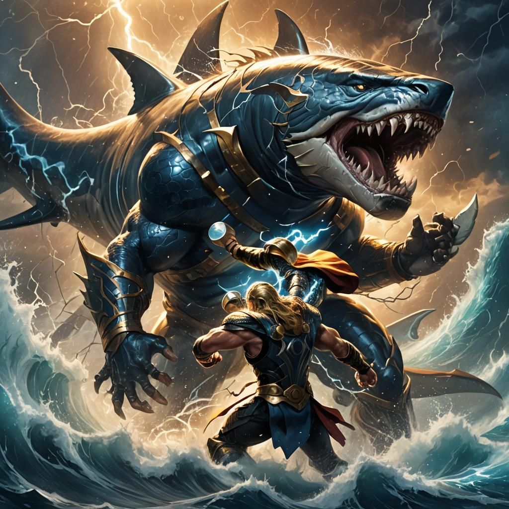 Thor Battles Shark in Epic Asgardian Sea Battle