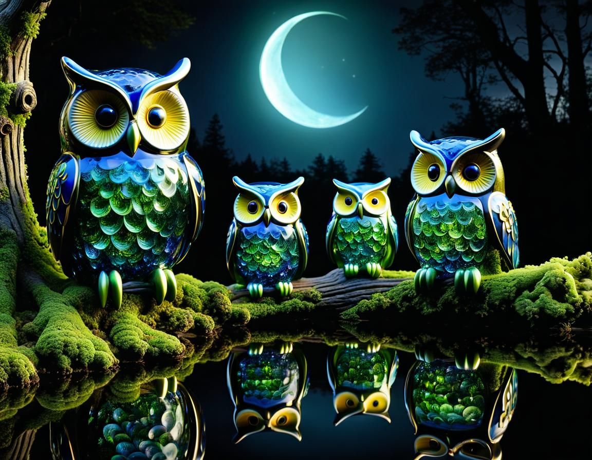 Enameled Glass Owls on Moonlit Riverbank