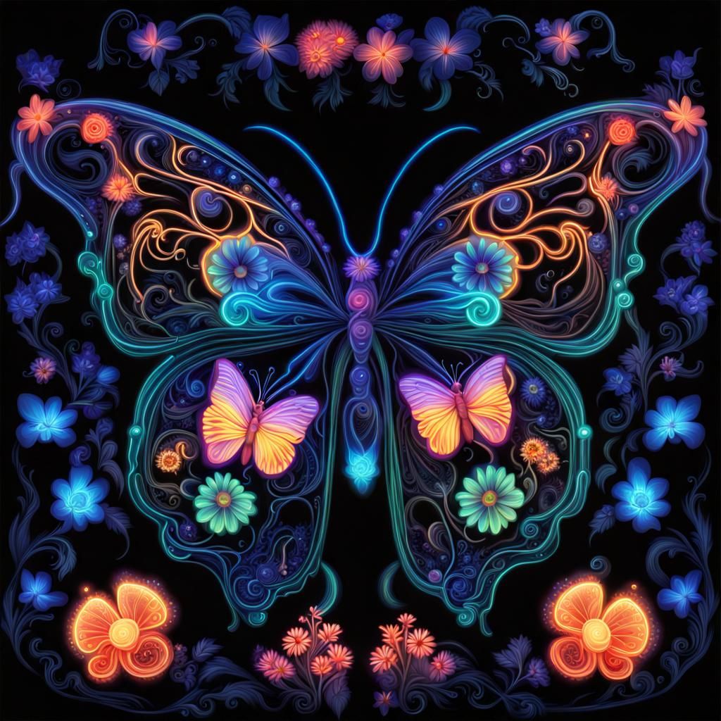 Bioluminescent Butterfly and Flowers in Neon Colors