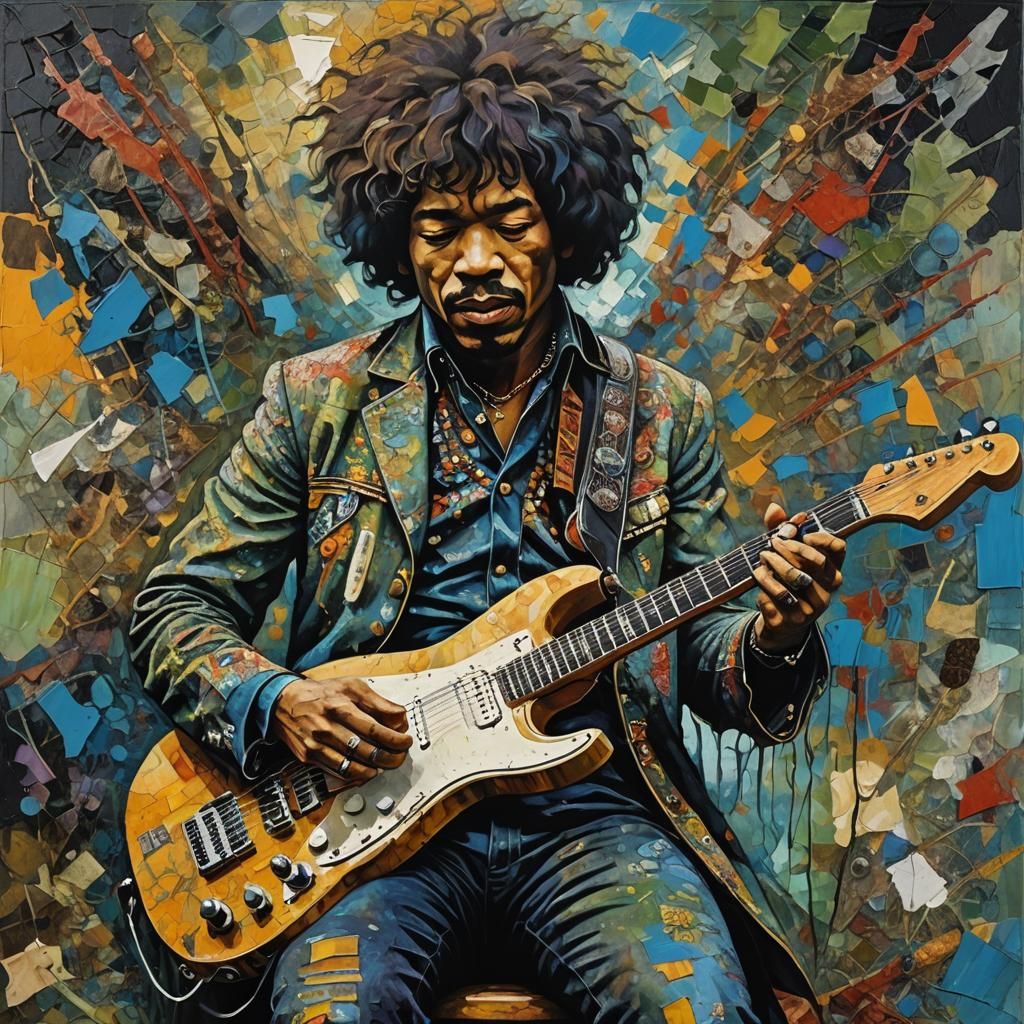 Jimi Hendrix Psychedelic Oil Painting in Impasto Style