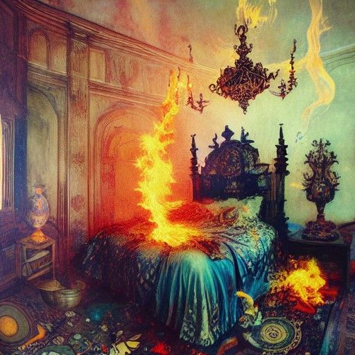 Haunted Bedroom Engulfed in Colorful Flames