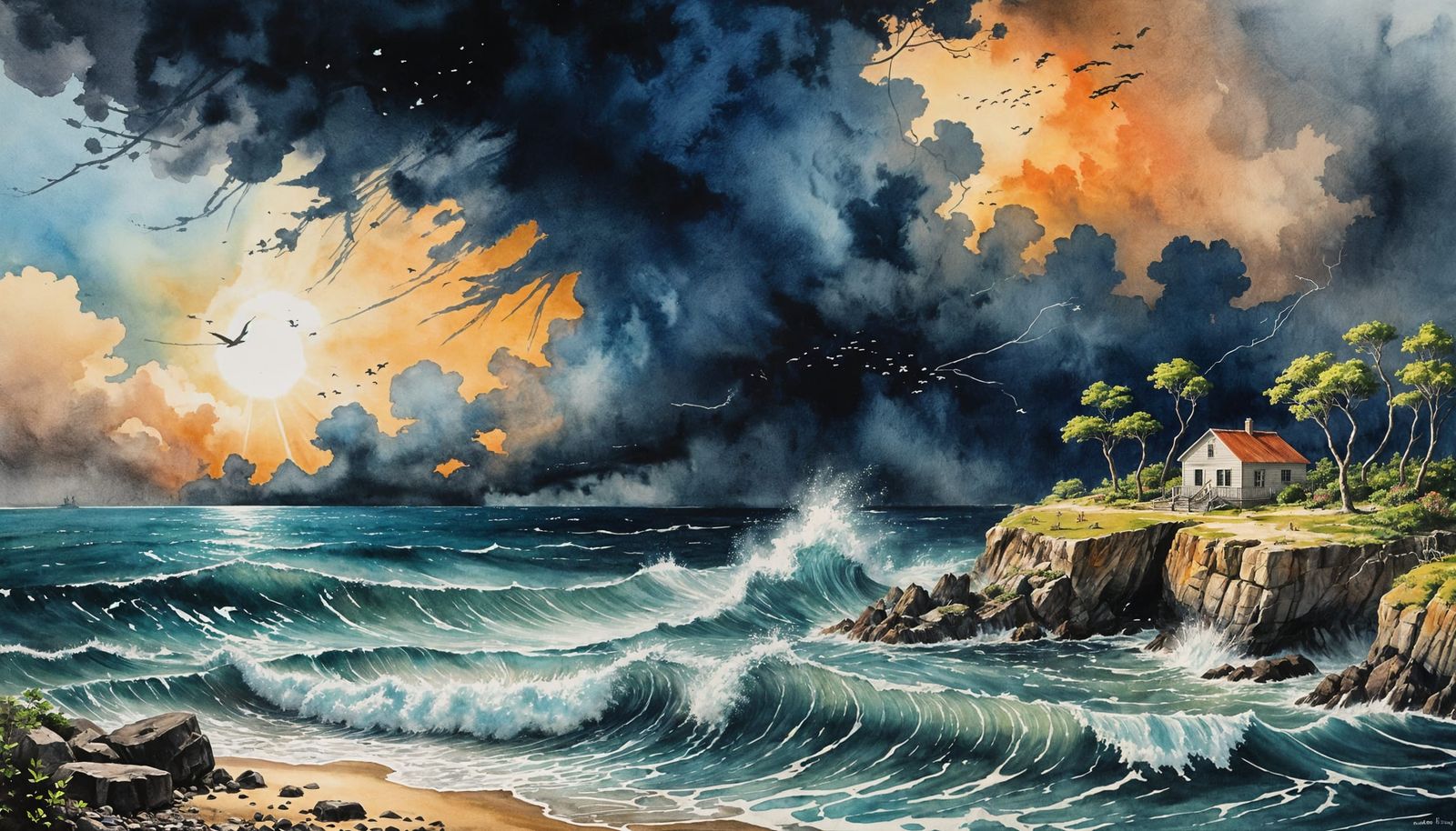 Stormy Cove in Vibrant Watercolor