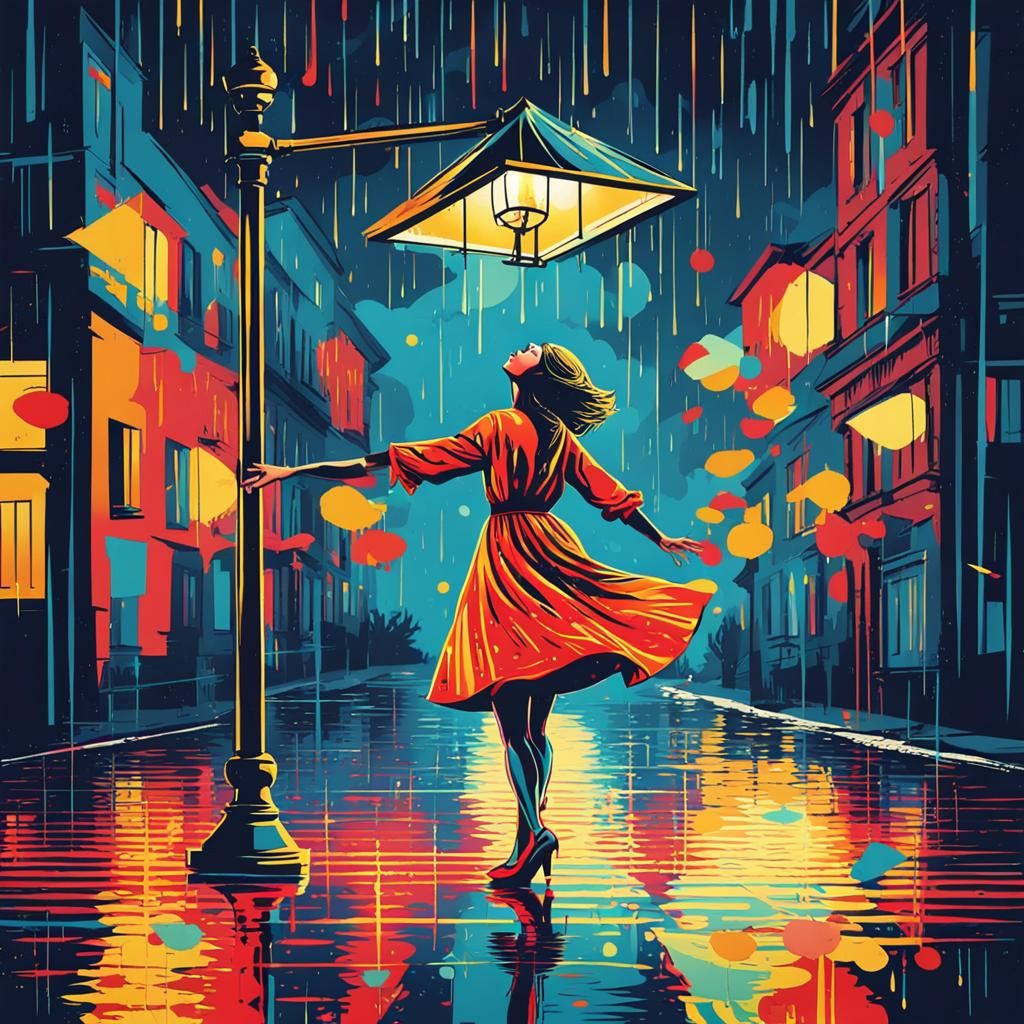Girl Dancing in Rain: Pop Art Screen Print
