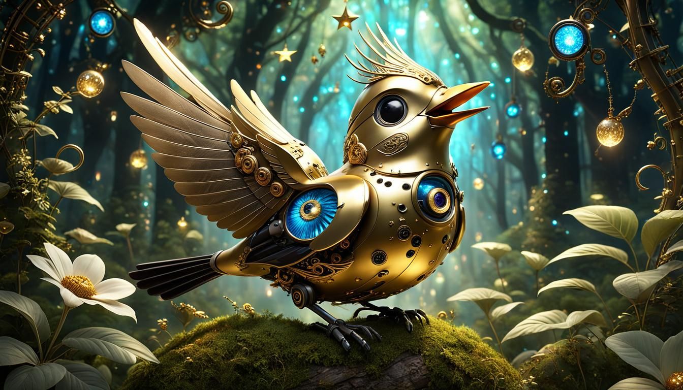 Steampunk Bird Serenade in Enchanted Forest