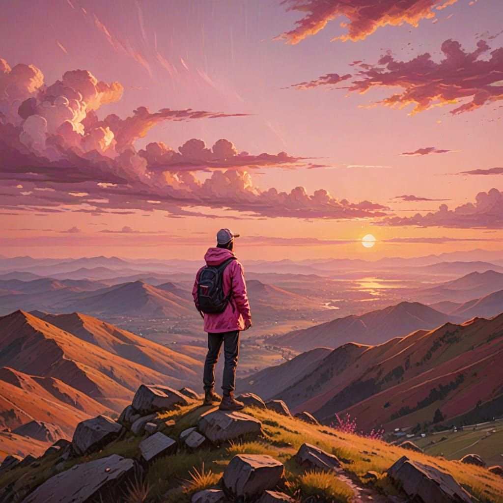 Vibrant Sunset Oil Painting of Mountain Scene