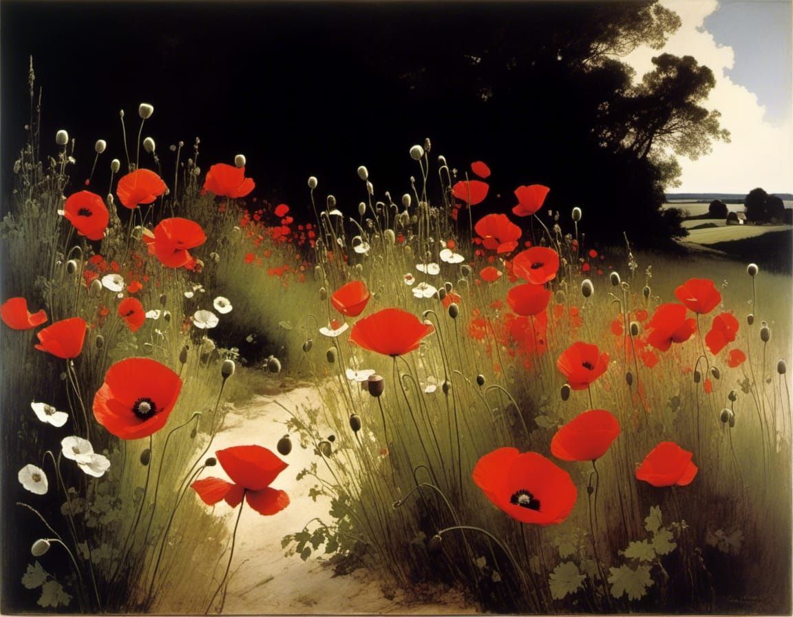 Poppy Flowers in Autochrome Style, Peaceful Scene