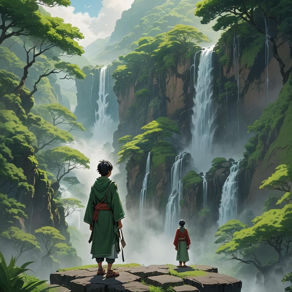 Lush Valley: Surreal 3D Anime Traveler at Waterfall