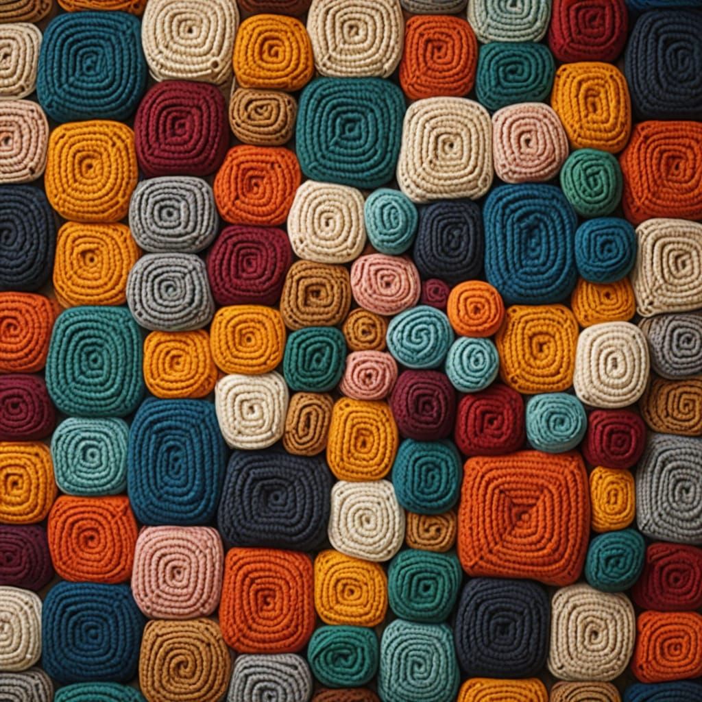Une couverture faite de carrés de laine au crochet posée sur un canapé. Ambiance cosy. Multicolore. Tons vifs. Studio Gh...