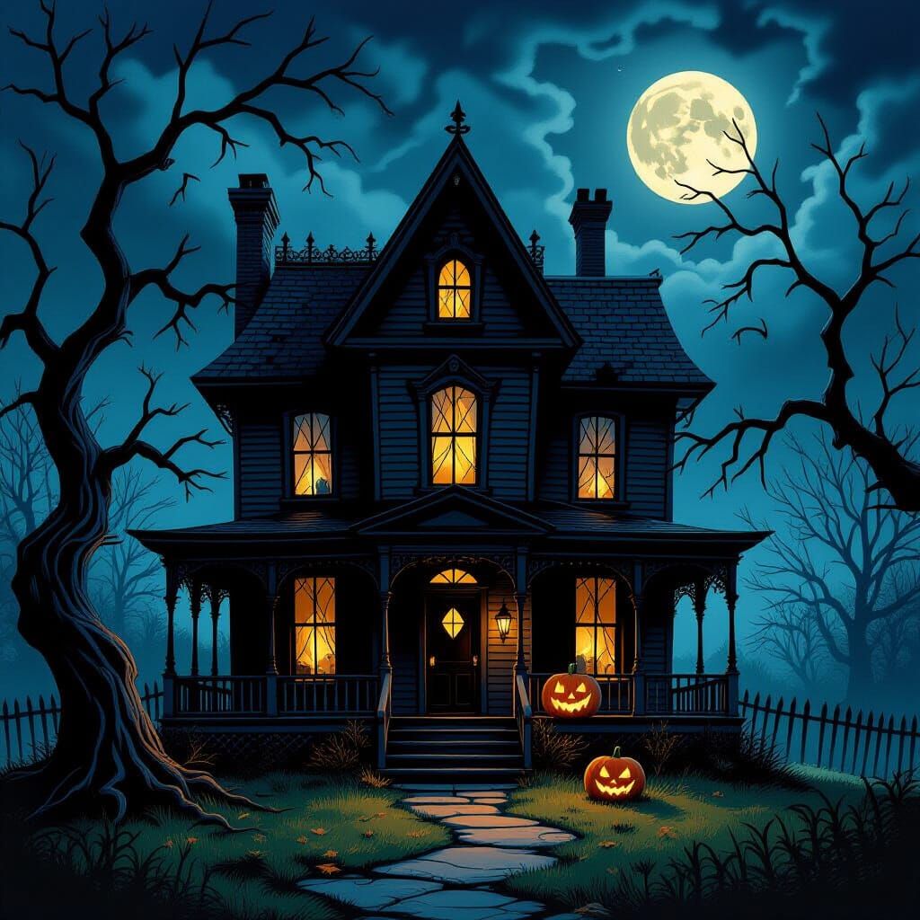 Darkly Whimsical Haunted House on Halloween Night