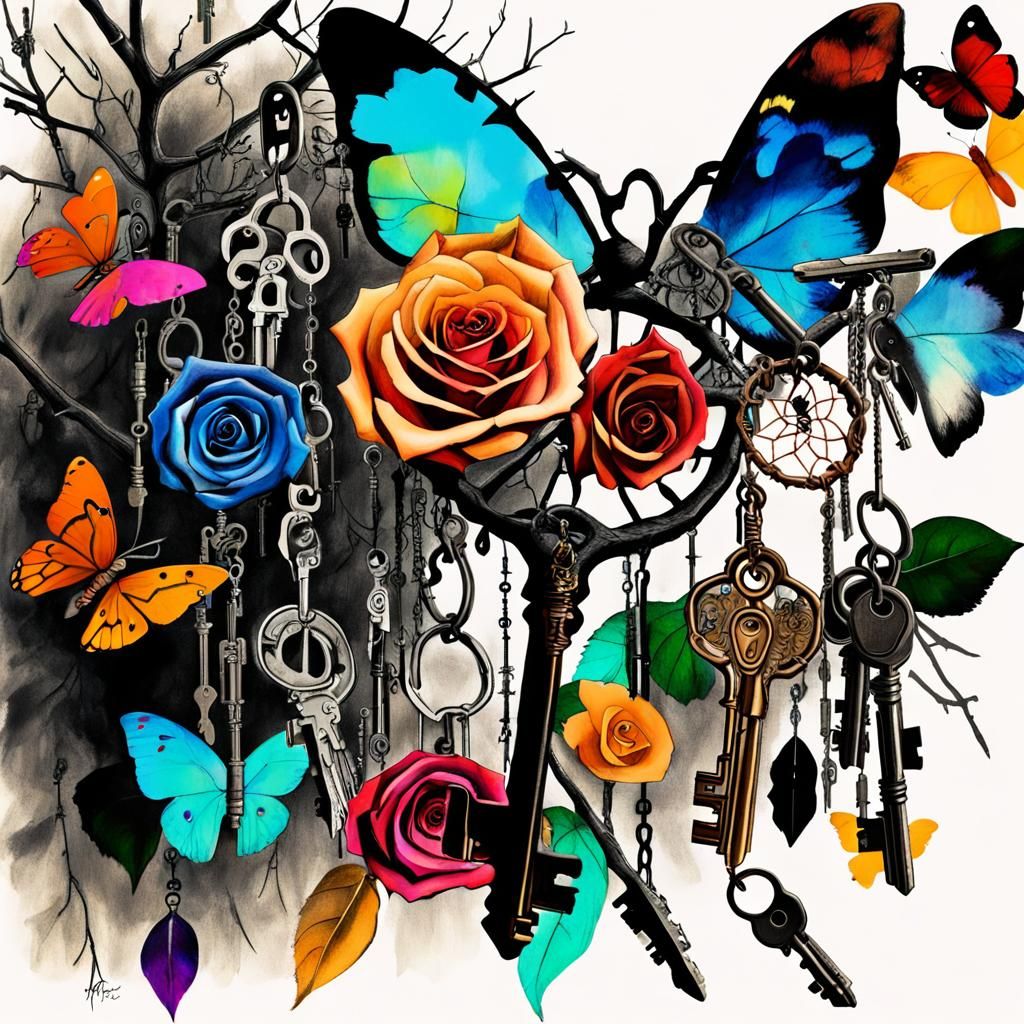 Surreal Dreamcatcher with Keys and Rainbow Light