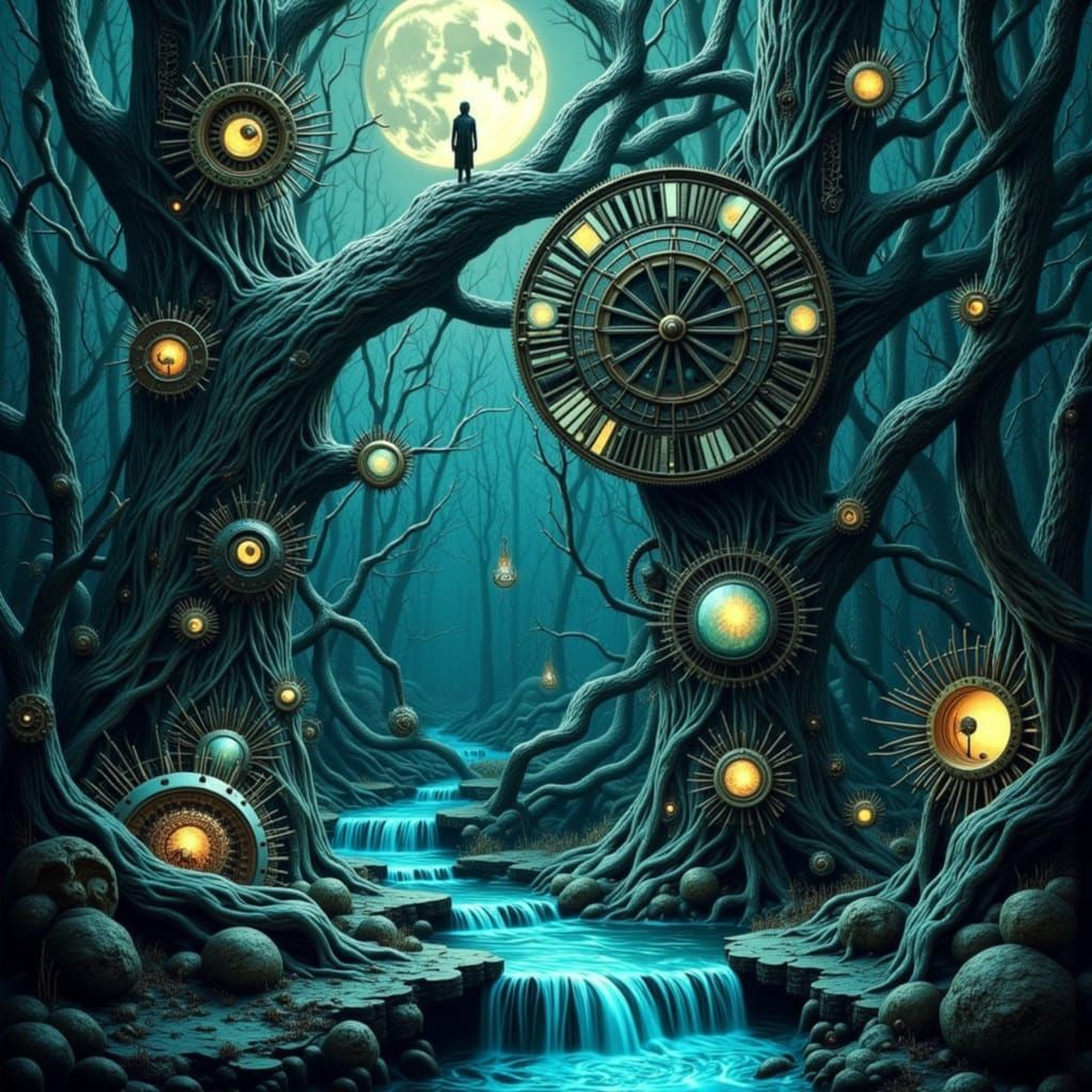 Surreal Clockwork Trees with Moonlight Rivers
