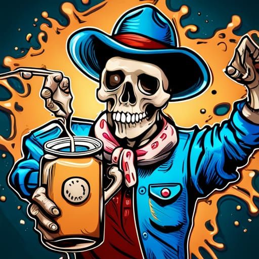 Cartoon Skeleton Cowboy Coffee Sticker in Graffiti Art
