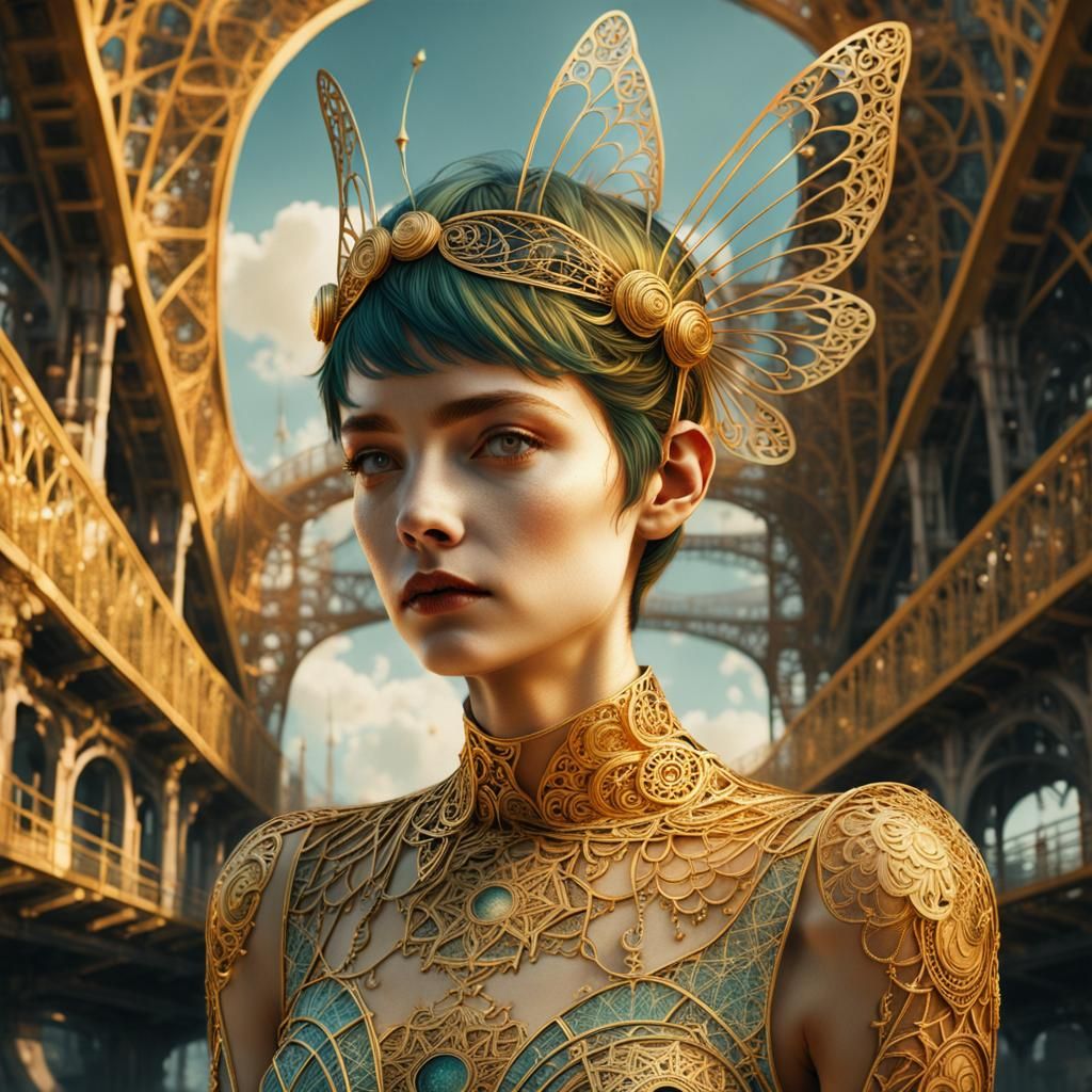 Golden Pixie on Heavenly Bridge, Solarpunk Portrait
