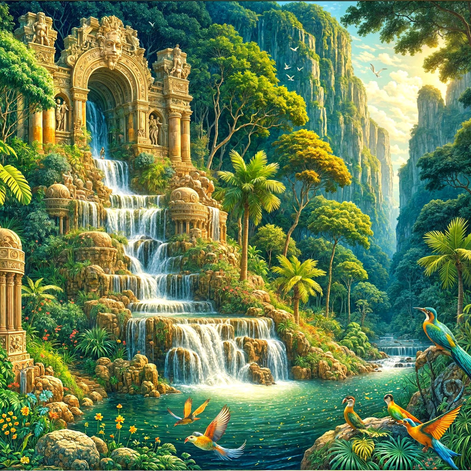 Secluded Jungle Oasis with Ruins in Art Nouveau Style