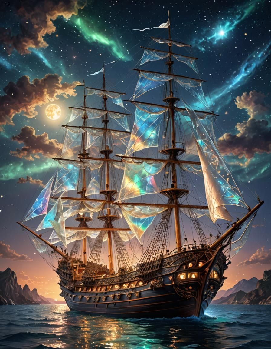 Opalescent Glass Ship Sailing Under Starry Night