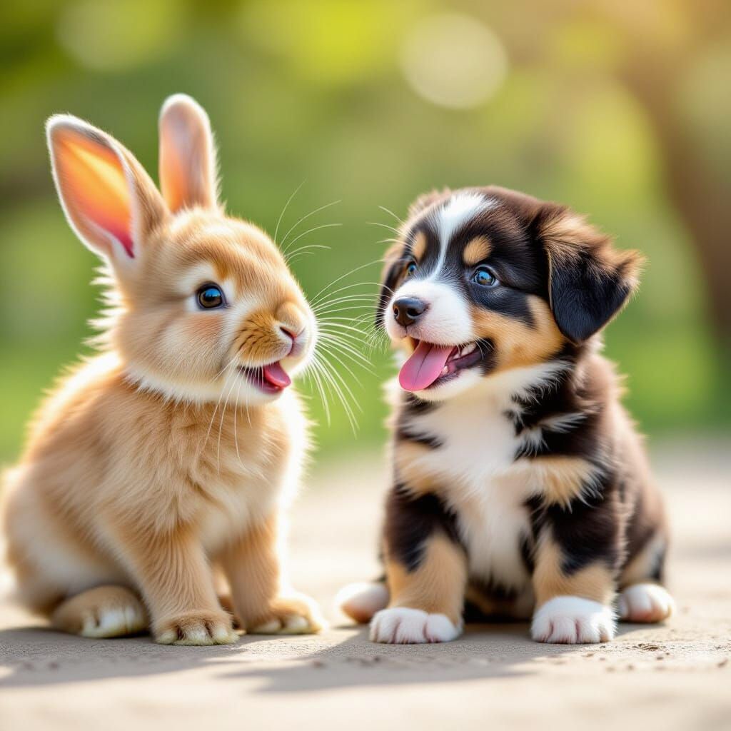 Laughing Bunny and Puppy: Bright Photo-realistic Image