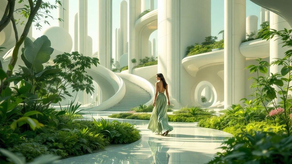 Utopian Future: Serene Woman in Frutiger-Inspired World