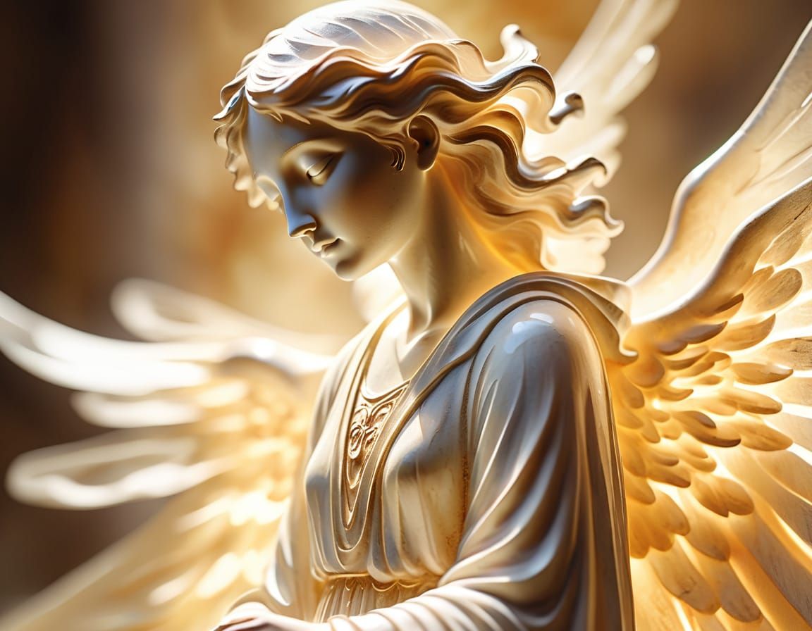 Glowing Alabaster Angel Sculpture: Oil Painting Style