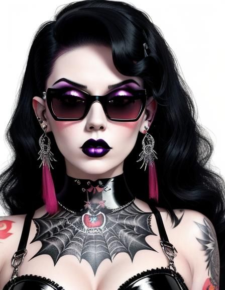 of a goth girl burlesque psychobilly, rockabilly, punk, black hair, detailed face, white background