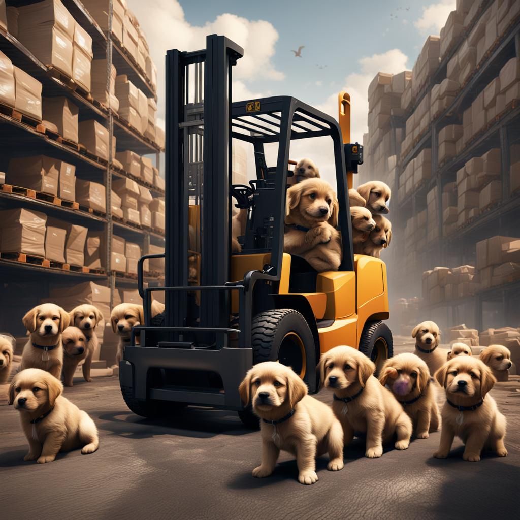 Forklift Carrying Puppies: Detailed Matte Painting
