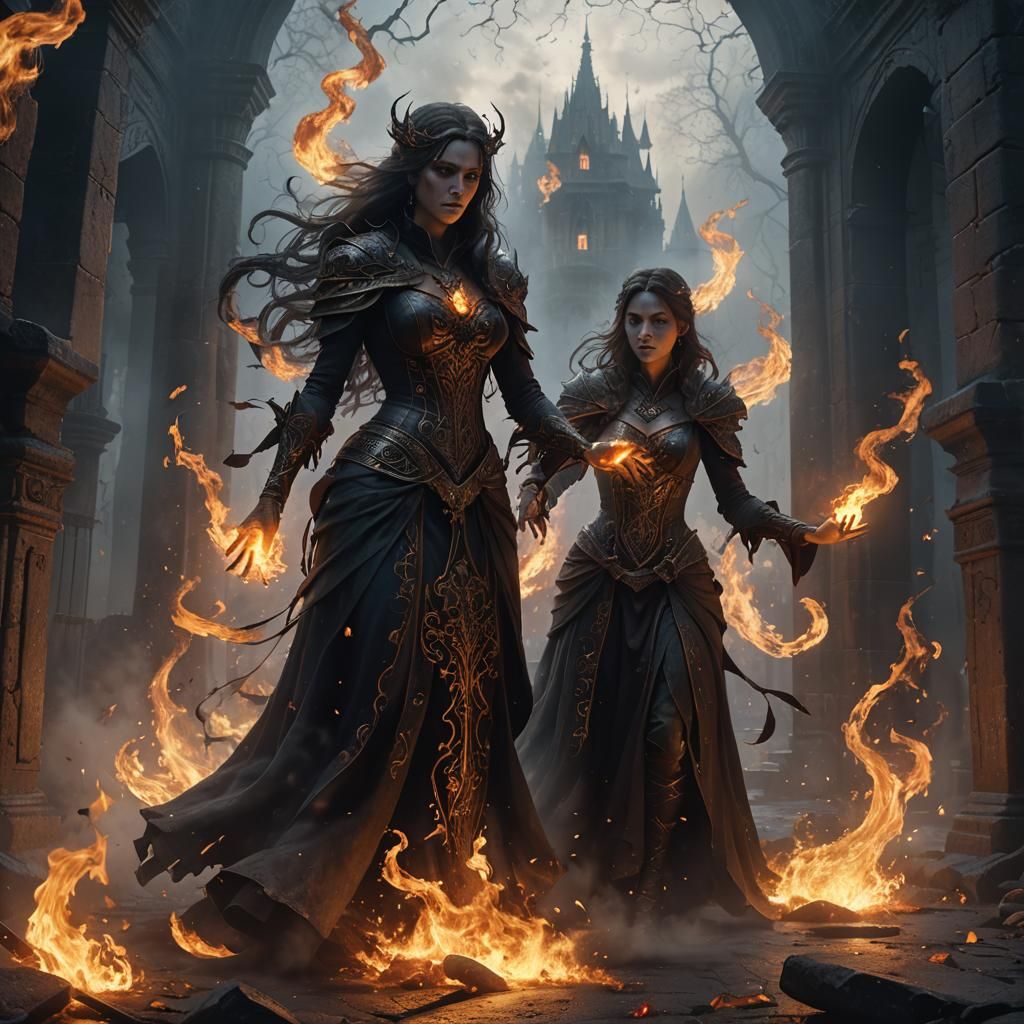 Sorceress Cleansing Demonic Palace Gates in Dark Fantasy Sty...