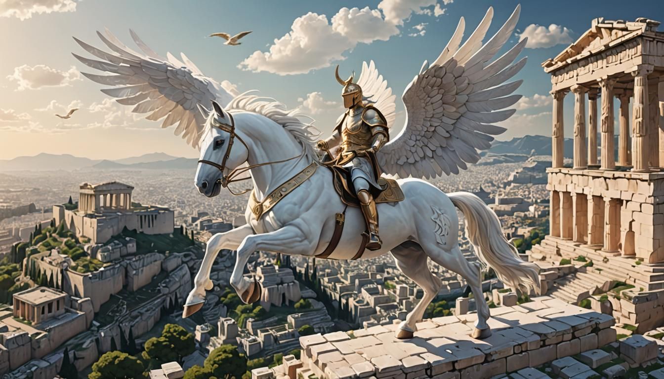 Pegasus Flies Over Athenian Acropolis in 3D Anime Art