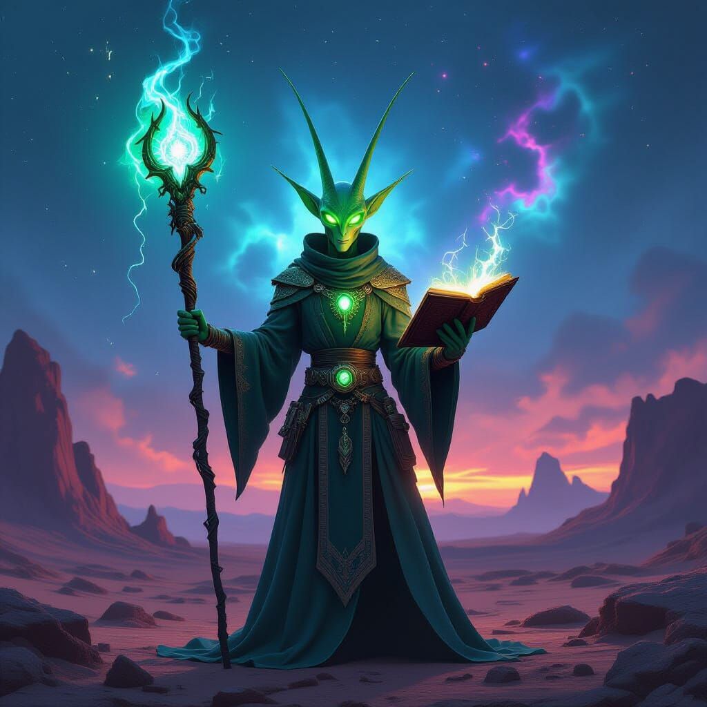 Alien Wizard on Barren Planet with Glowing Staff