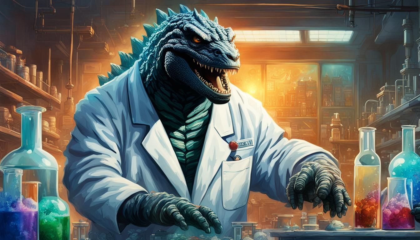 Godzilla Does Science in a Laboratory