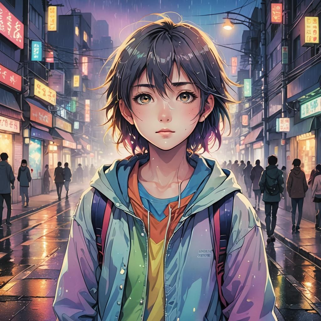 Beautiful Anime Girl in City Mist: Digital Illustration