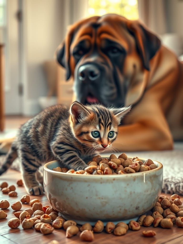 Tabby Kitten Eats Kibble While Mastiff Watches