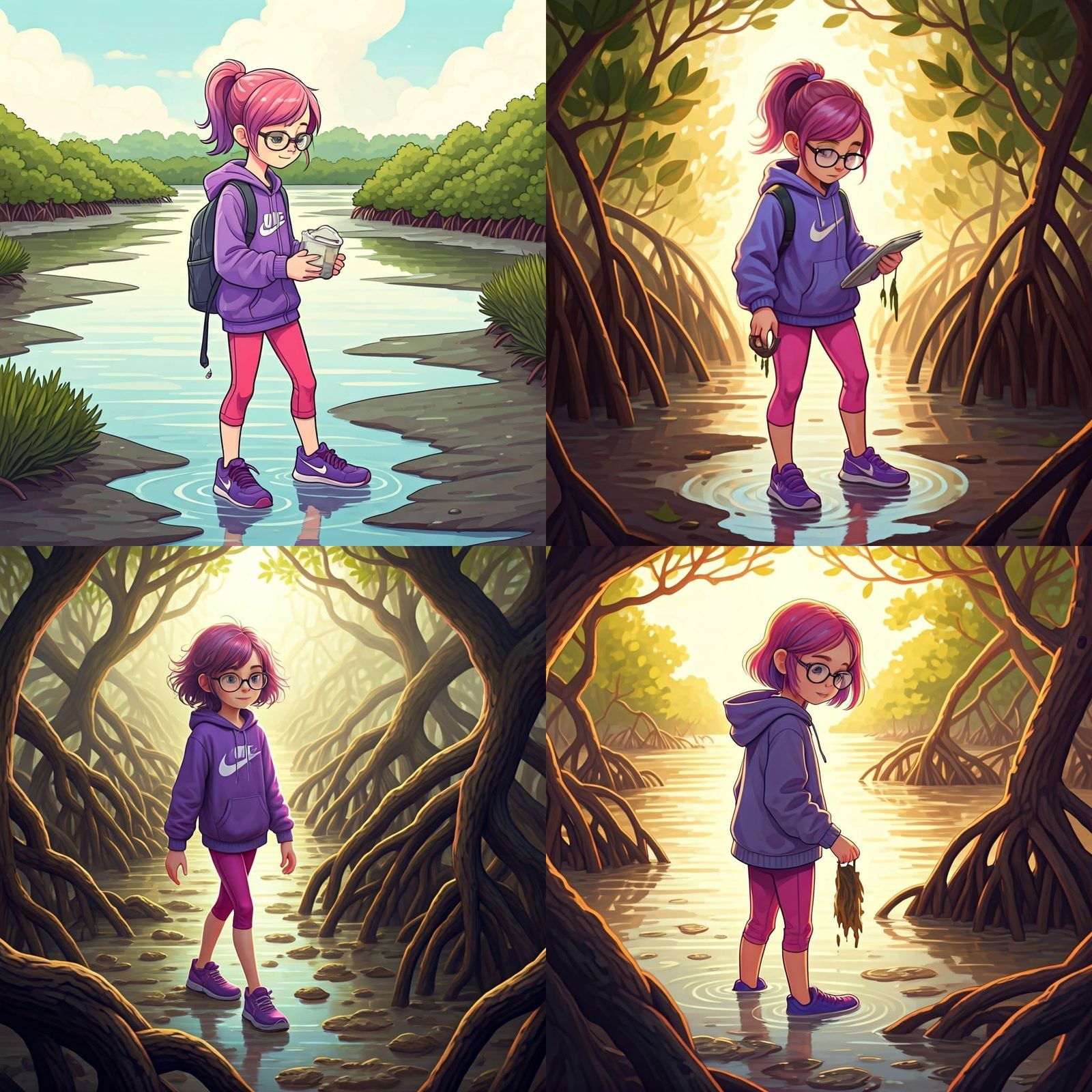 Girl in Purple Hoodie Collects Marine Samples in Tidal Swamp...