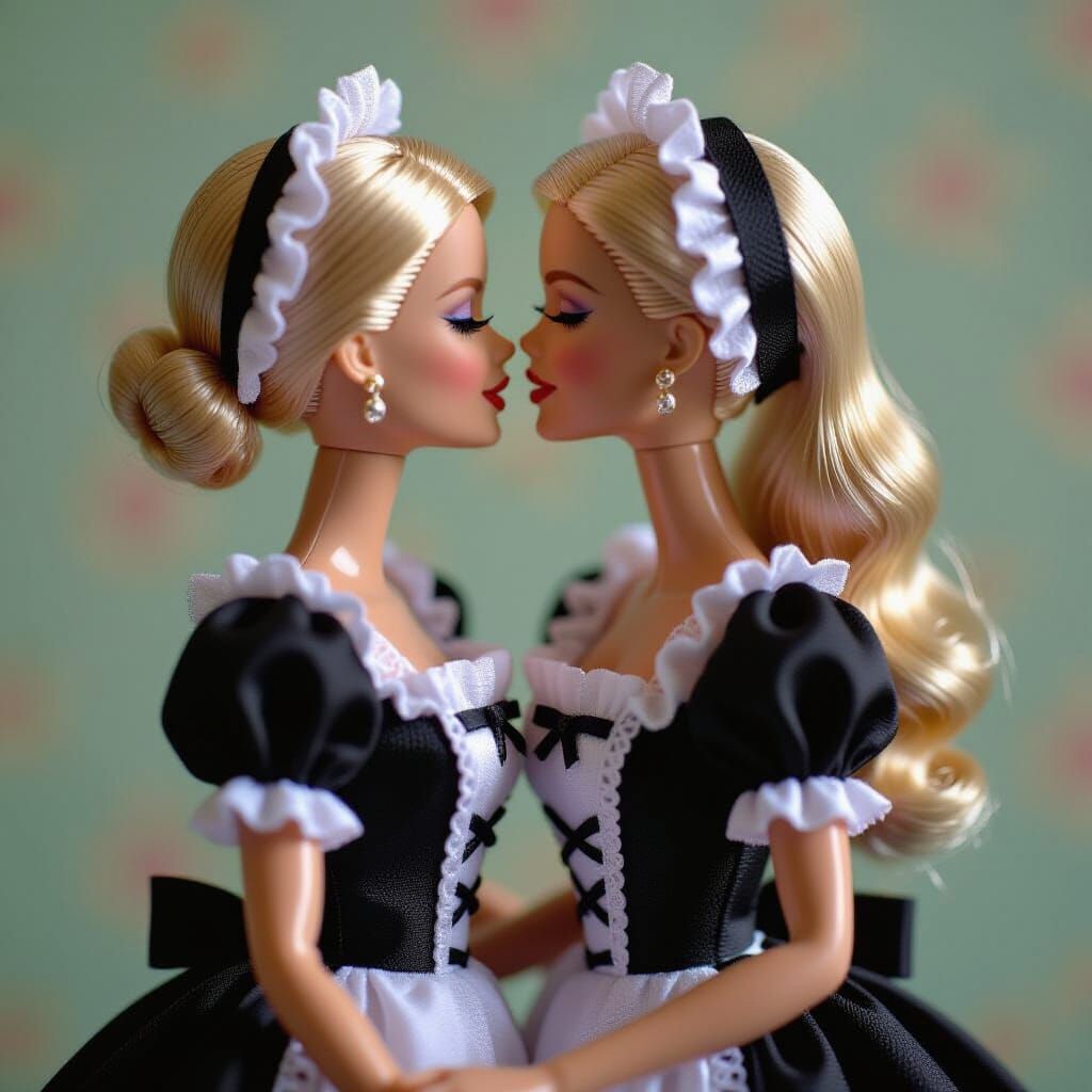 Barbie Dolls' Tender Kiss in French Maid Outfits
