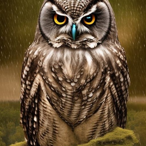 Water Droplets on Owl: Cinematic Digital Painting