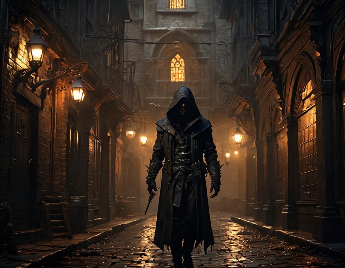 Dark Hooded Figure in Gothic City, by Luis Royo