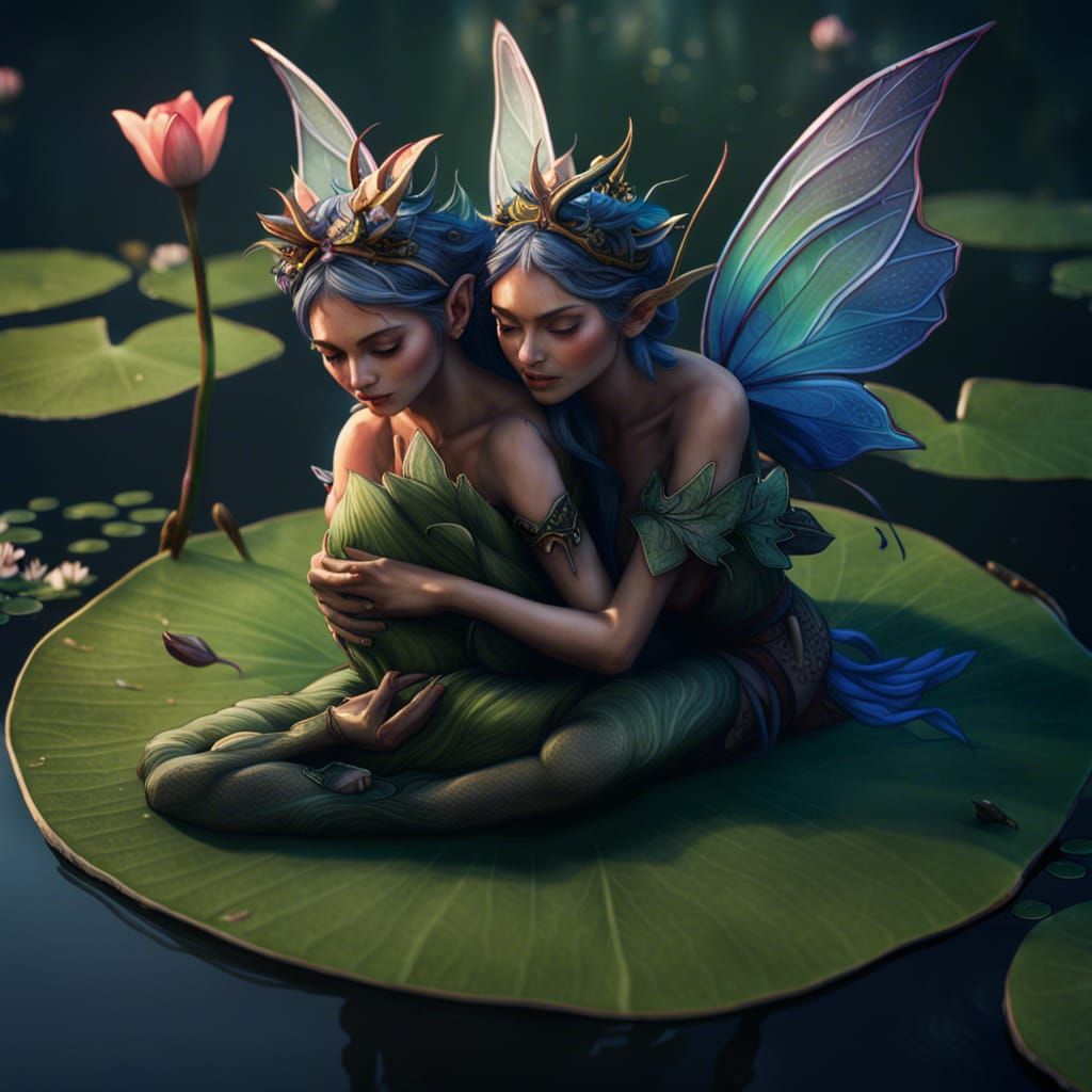 Fairies' Embrace on Lily Pad: Fantasy Concept Art