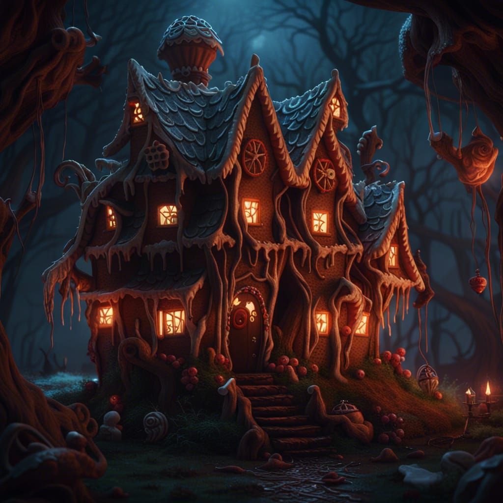 Evil Gingerbread House with Witch: Fantasy Concept Art