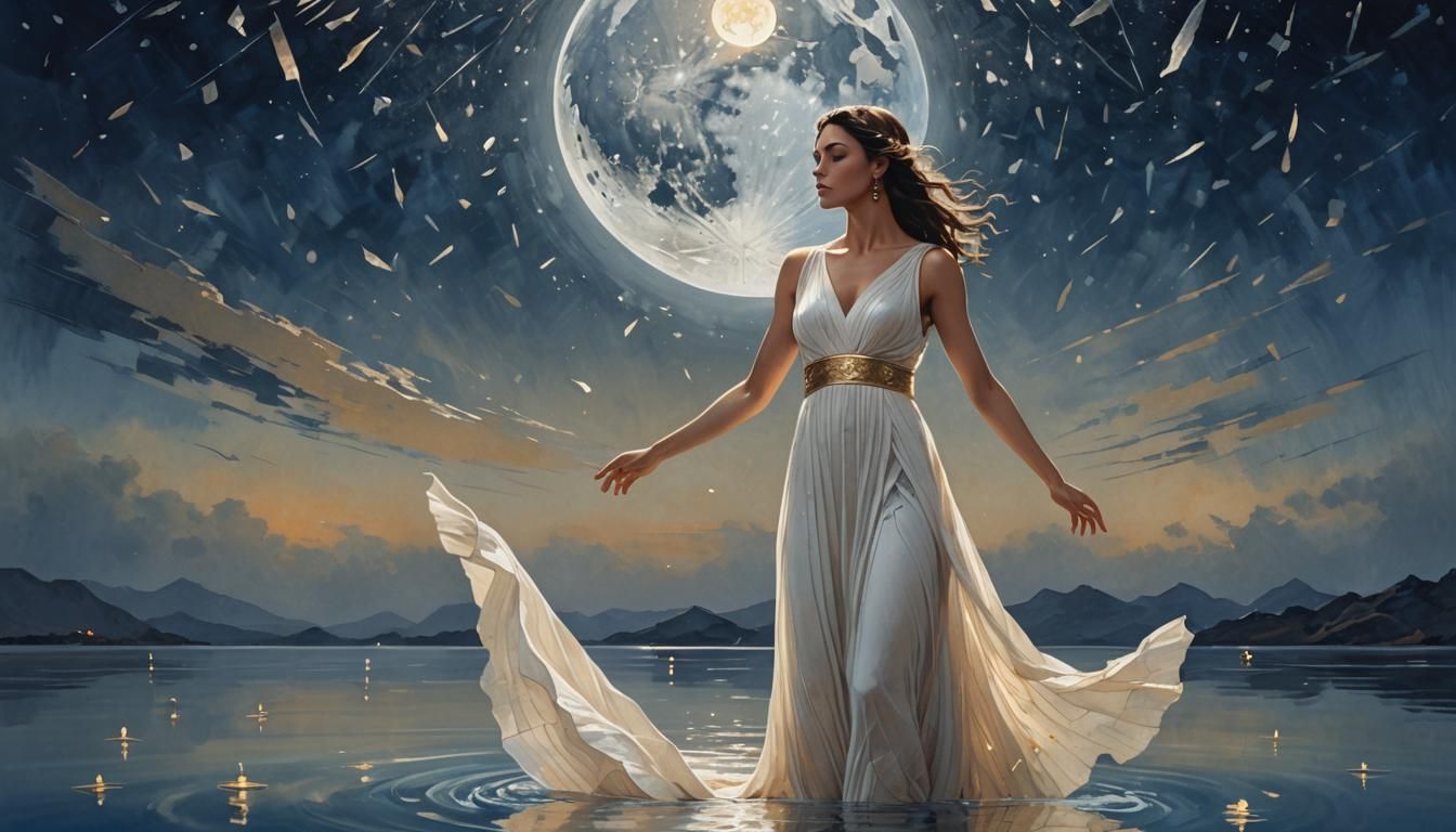 Woman and Shattered Moon in Dreamy Landscape Style