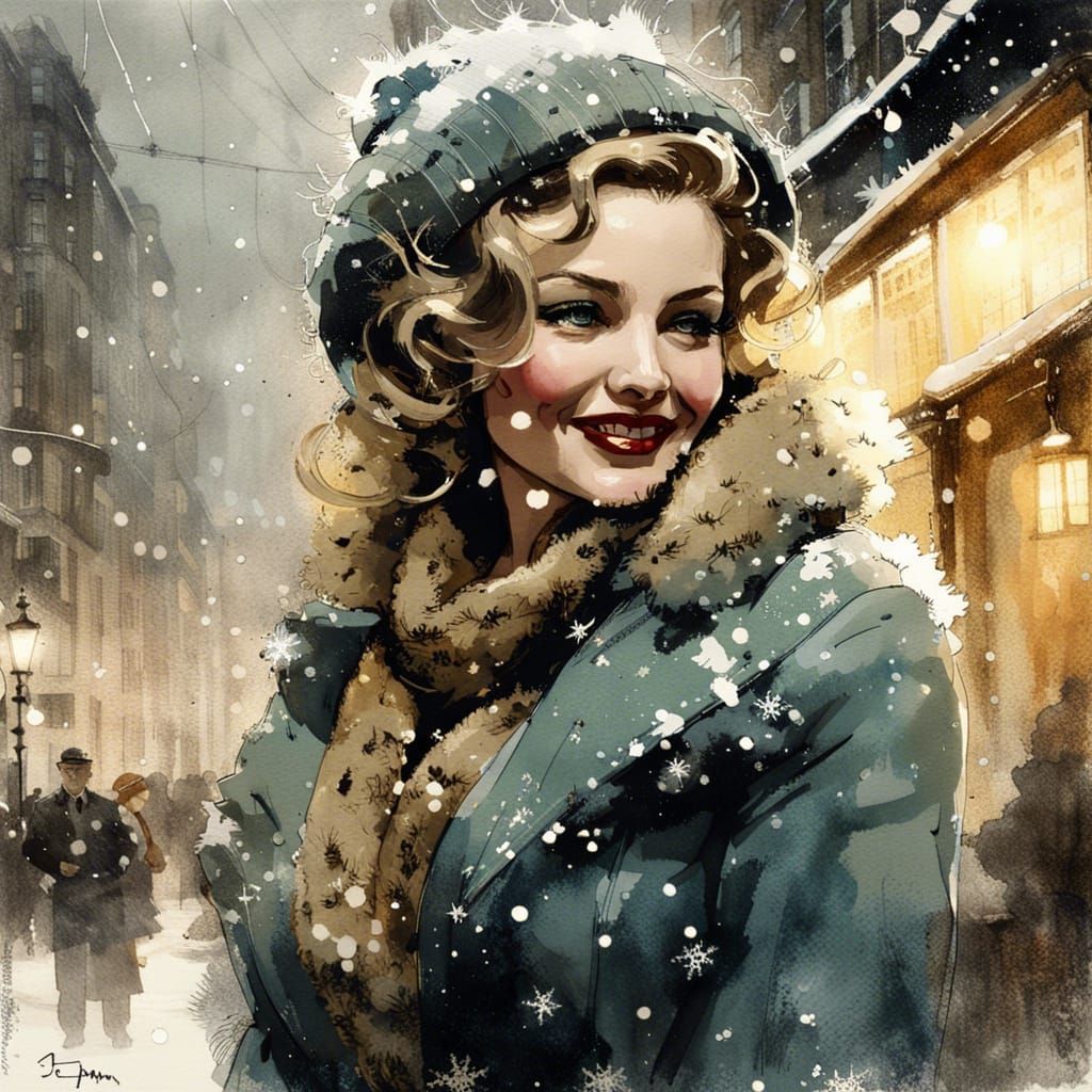 Vintage Watercolor of Woman Catching Snowflakes