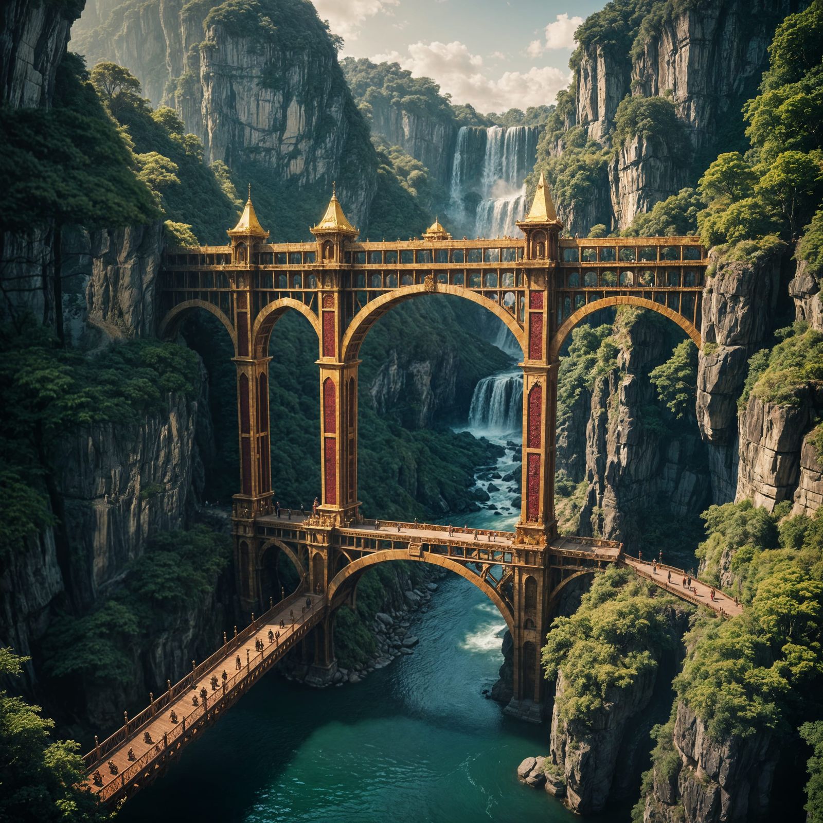 Golden Ruby Kingdom with Waterfalls: Cinematic Still