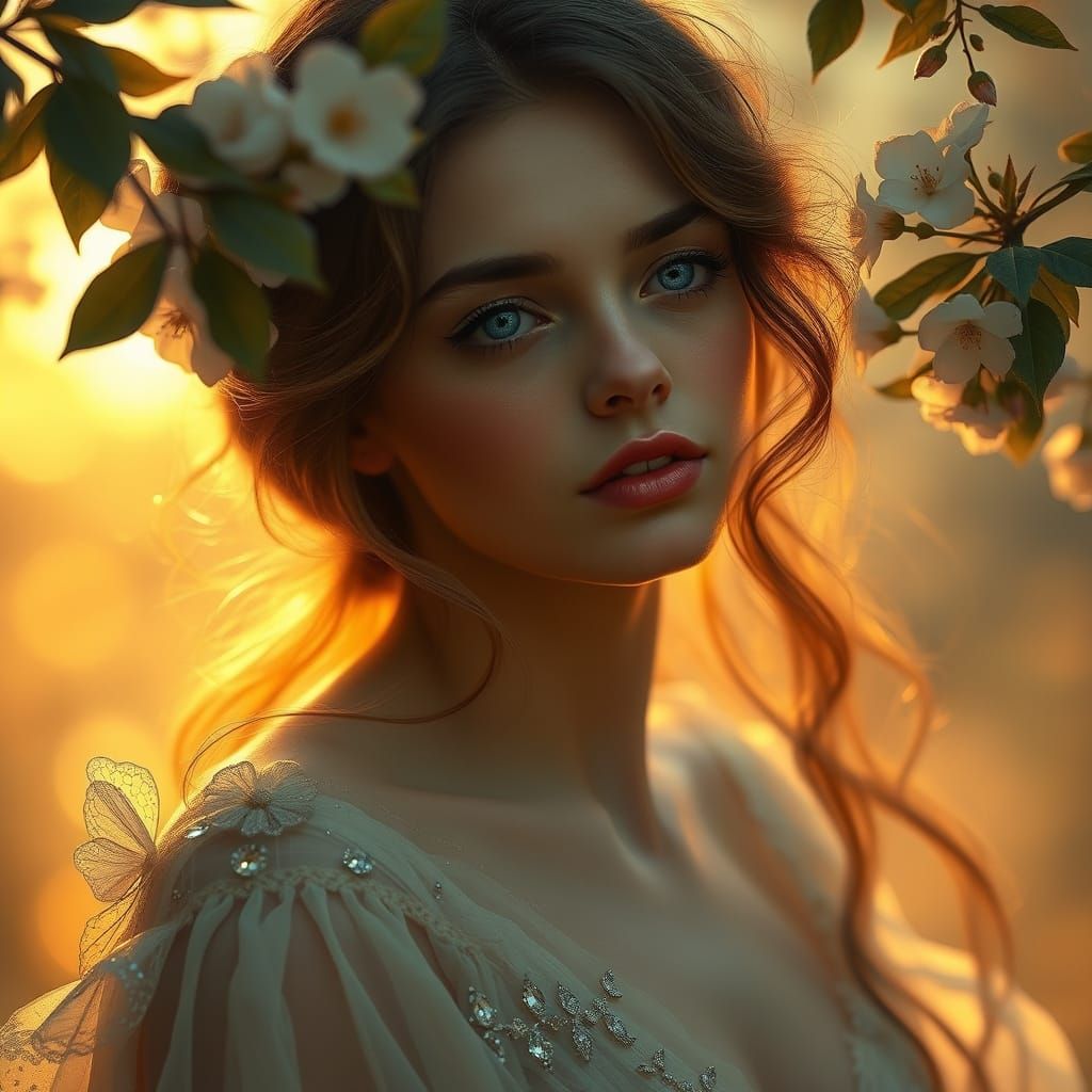 Whimsical Woman in Golden Hour Embrace
