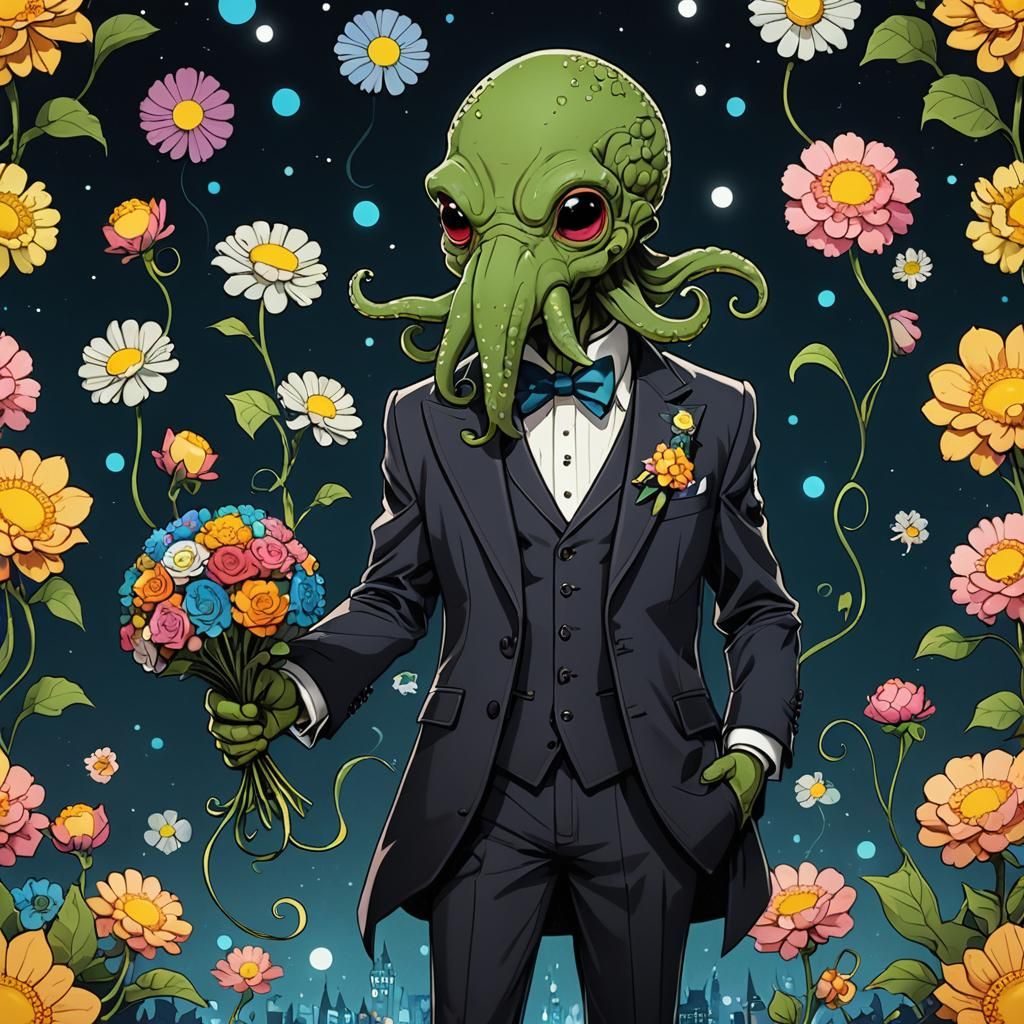 Cute Cthulhu Gentleman with Flowers, Murakami Style