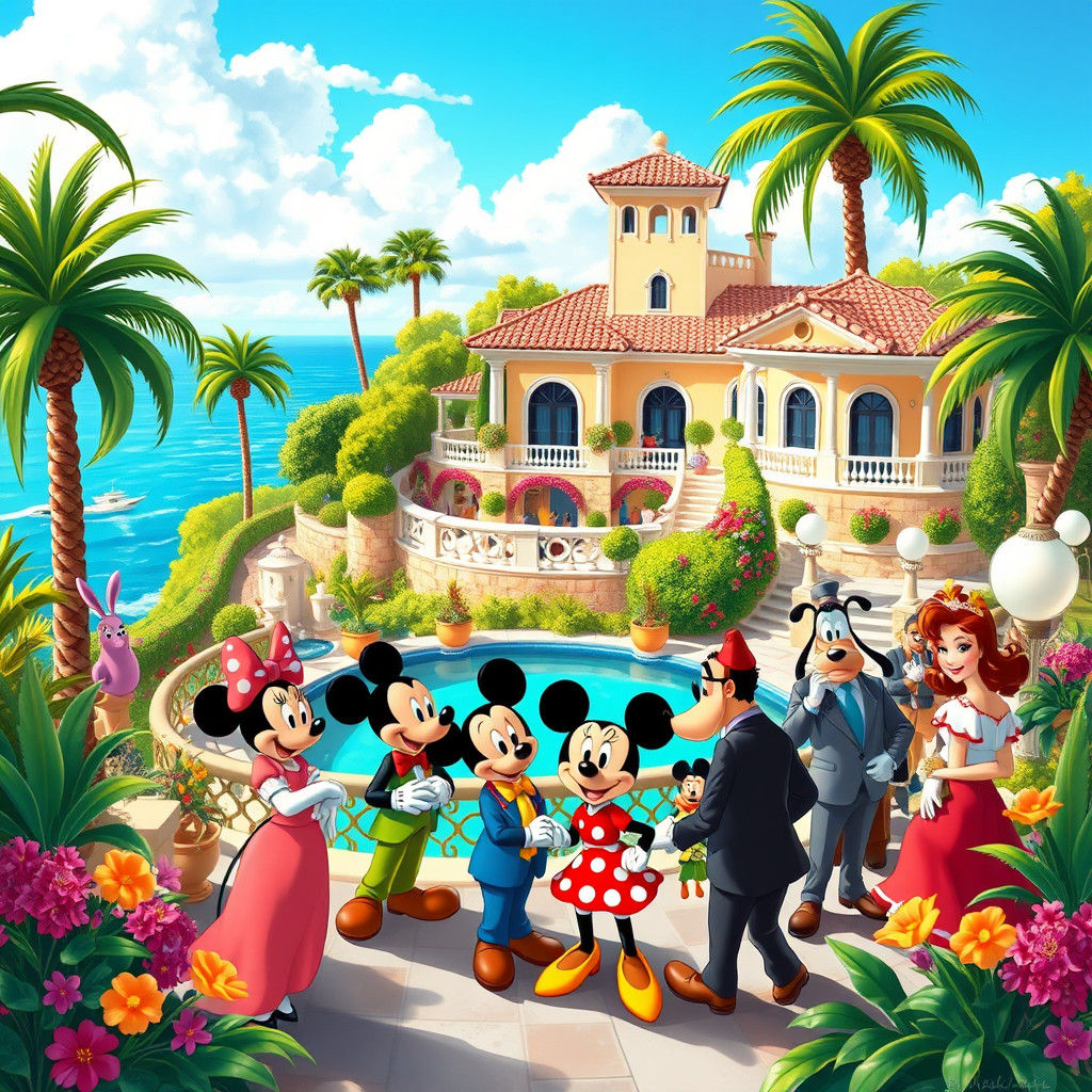 Disney Characters in Mediterranean Villa Scene