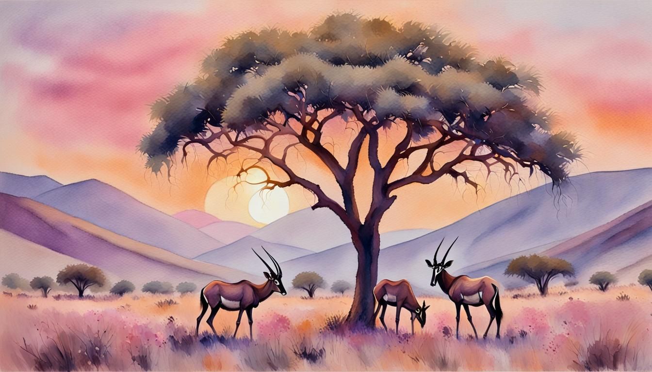 Gemsbok in Impressionist Sunset Landscape Triptych