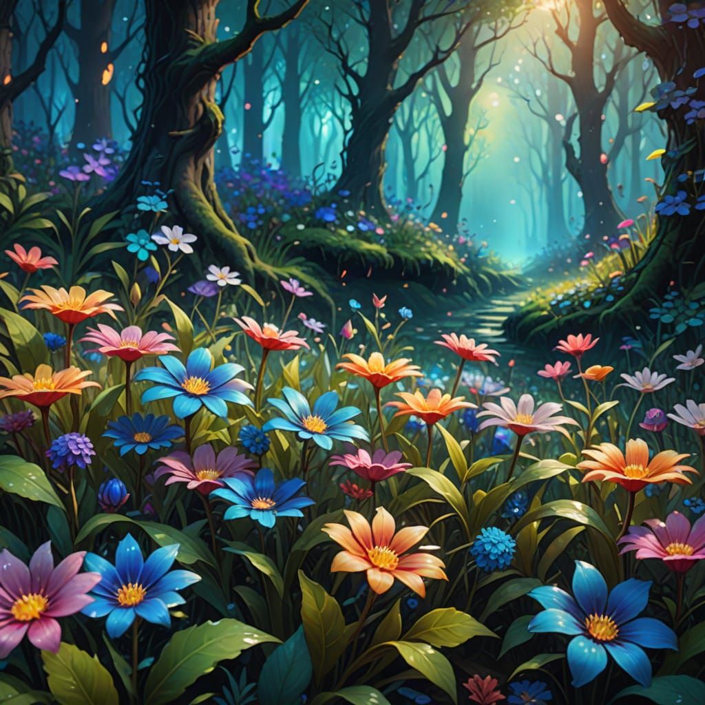 Mystical Forest Flowers in Vibrant Oil Painting