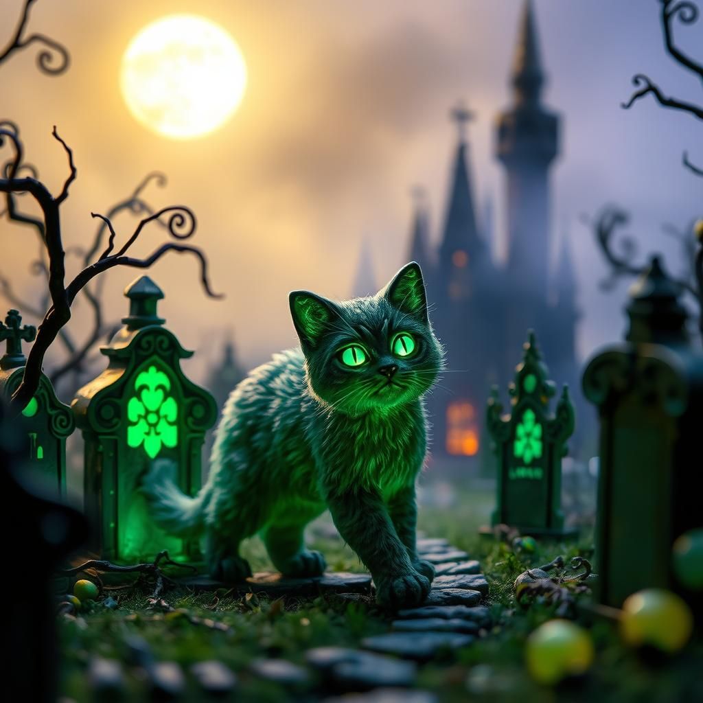 Bioluminescent Cat in Gothic Graveyard