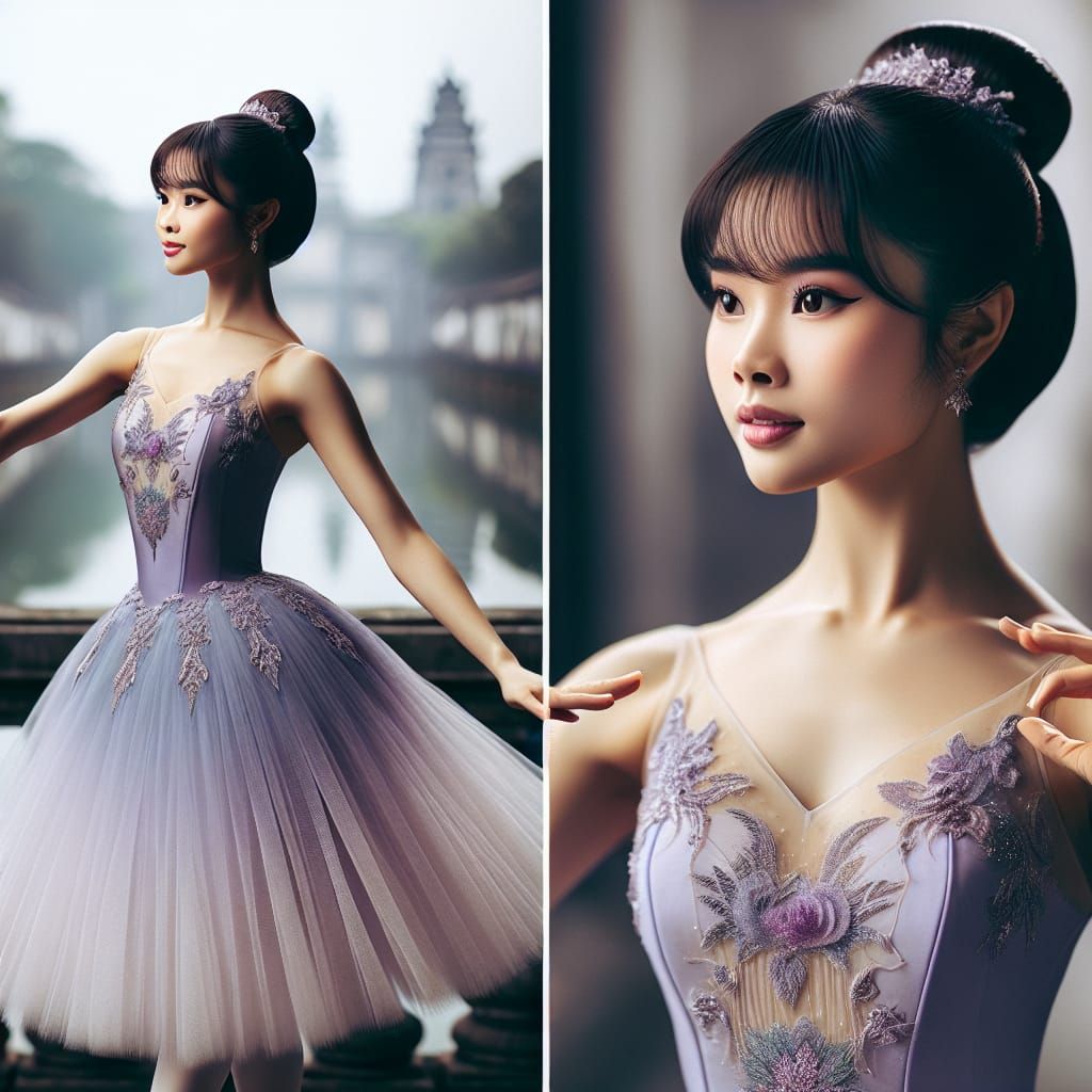 Vietnamese woman with bangs as a ballerina in purple