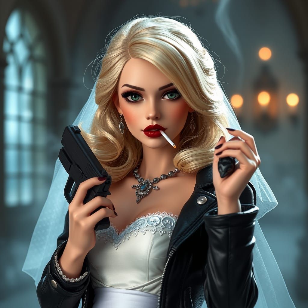 Gothic Bride Doll with Gun in Ethereal Style